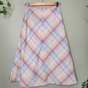 Vintage Mr. Beau Pastel Plaid A-Line Skirt High Waist Cotton-Linen Feel Lined